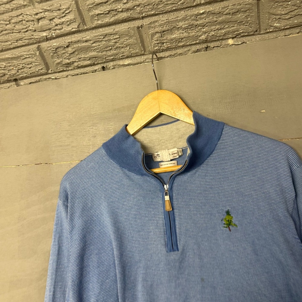 Peter Millar Mens Pullover Quarter Zip Sweater Blue Stripe Tree Logo Size L‎